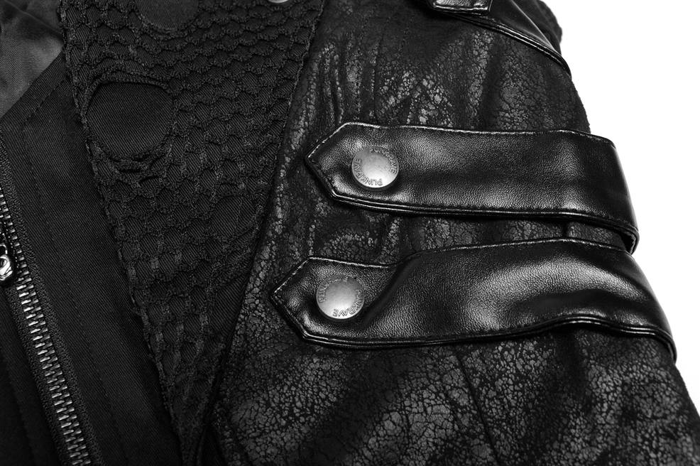 Black gothic trench coat pocket and side seam detail with metal hardware accents