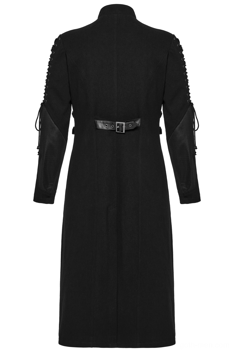 Black gothic long coat rear flat lay view showing solid fabric construction and back waist belt