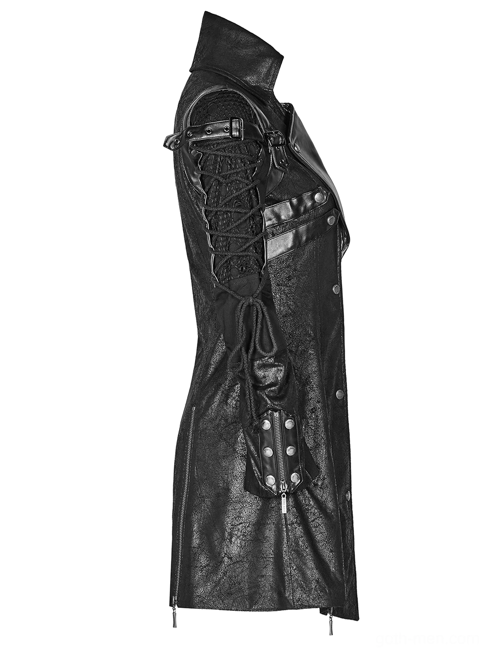 Black gothic trench coat side profile showing lace-up sleeves and studded strap details