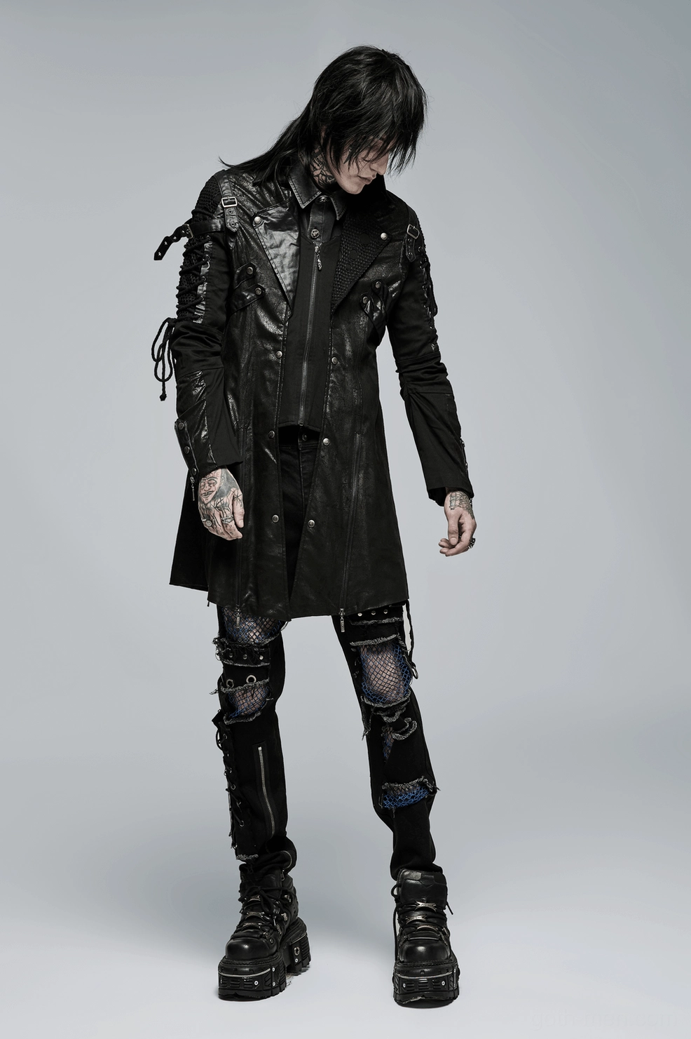 Black gothic men's trench coat side seam detail with exposed zippers and construction