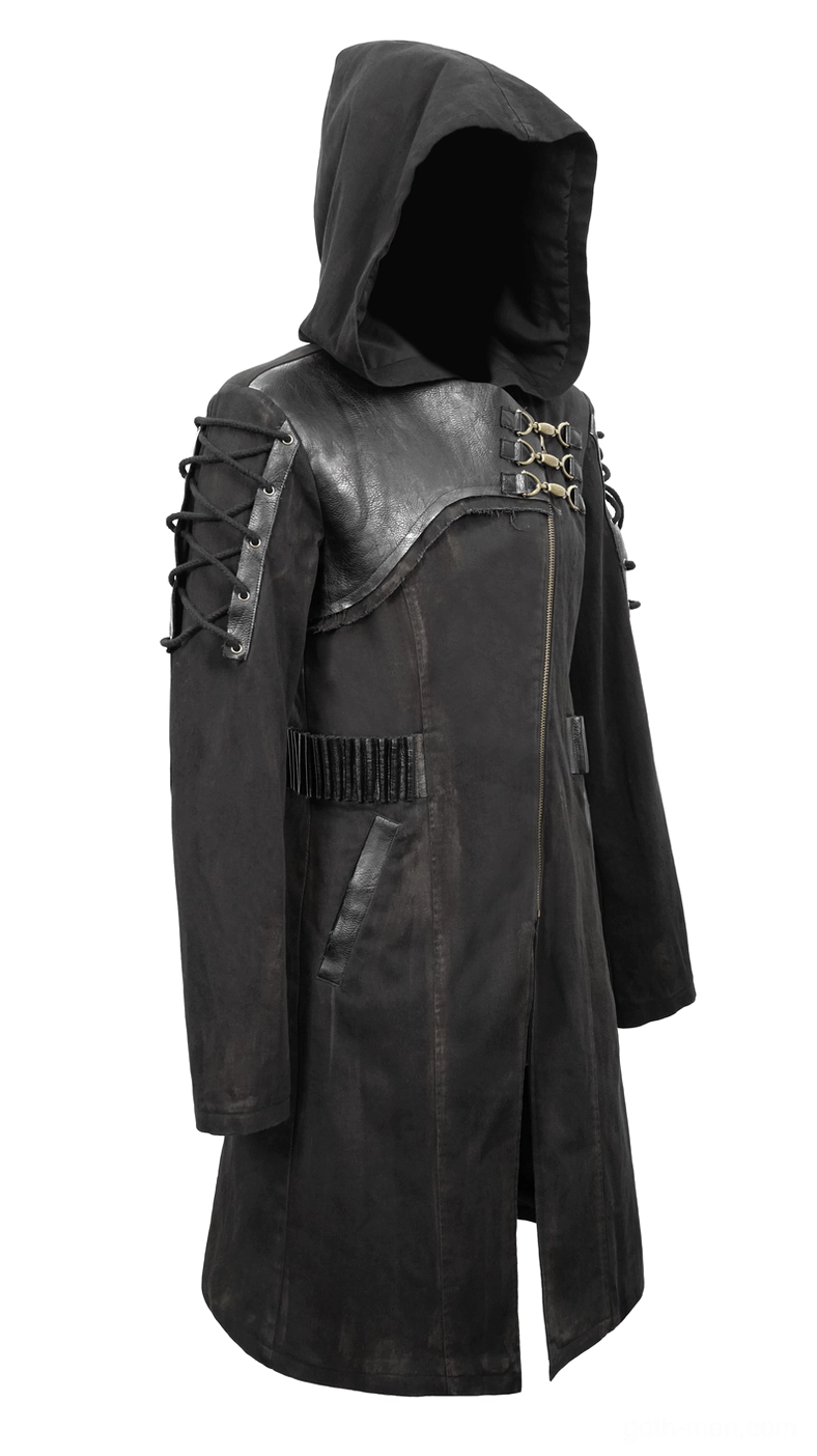 Black gothic trench coat three-quarter side view showing hood design side pockets and lace-up sleeve trim details
