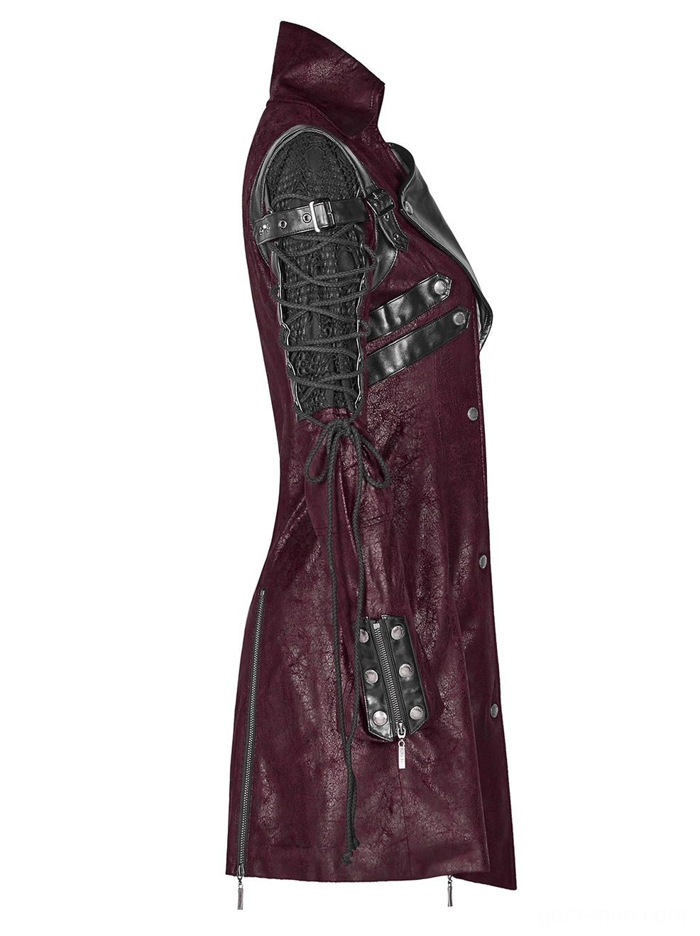 Gothic burgundy leather trench coat side view showing lace-up upper arm panel and tailored seaming