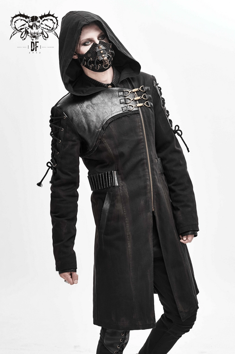 Black gothic trench coat detailed view of sleeve lacing and metal hardware construction and craftsmanship