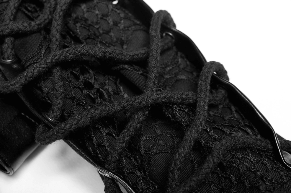 Gothic lace-up trench coat sleeve detail showing lacing and metal hardware construction