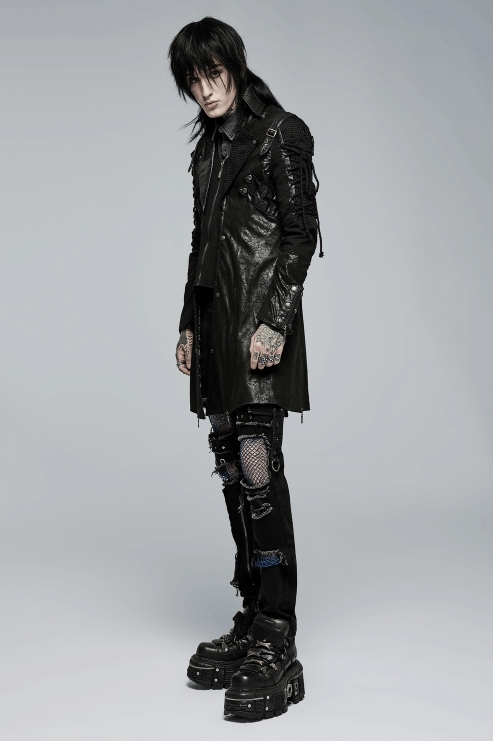 Gothic trench coat three-quarter view showing lace details and metal hardware placement