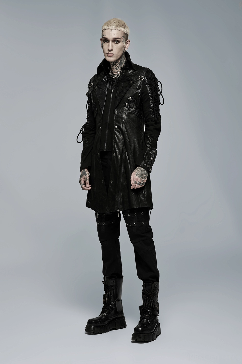 Black gothic trench coat flat lay top view showing collar height and shoulder structure