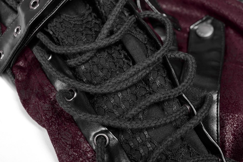 Gothic burgundy trench coat lace-up sleeve panel close-up showing Victorian-inspired corset detailing