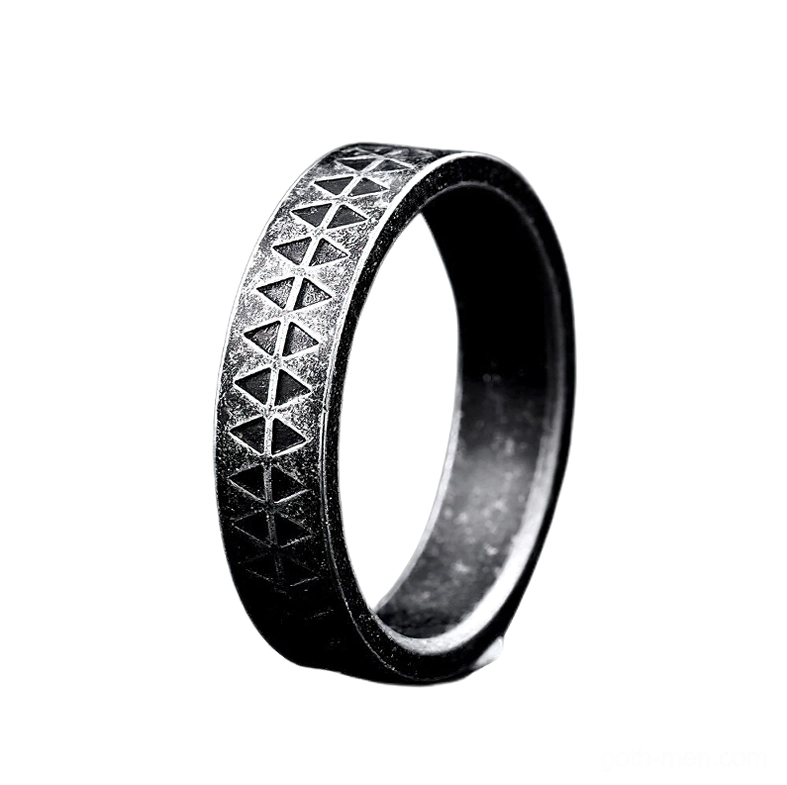 Stainless steel gothic ring right oblique angle showcasing triangular embossment texture