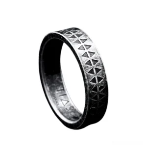Gothic geometric triangle stainless steel ring left side view with matte black-silver aged finish