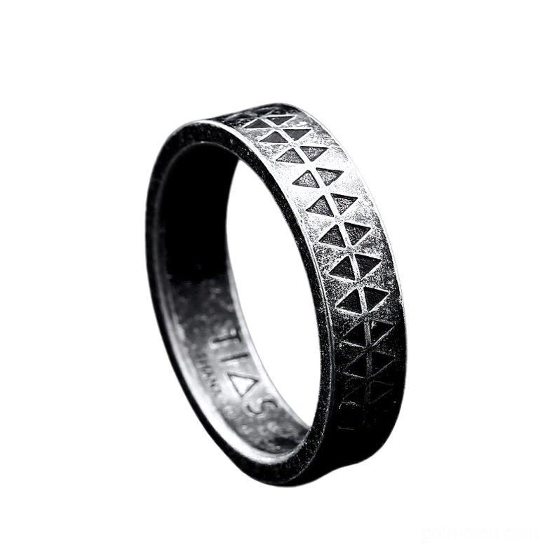 Gothic geometric triangle stainless steel ring left side view with matte black-silver aged finish