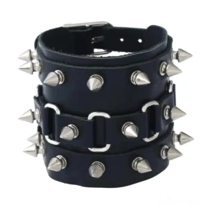 Triple-row spiked gothic leather cuff bracelet front view, featuring three rows of antique silver cone spikes on premium leather strap