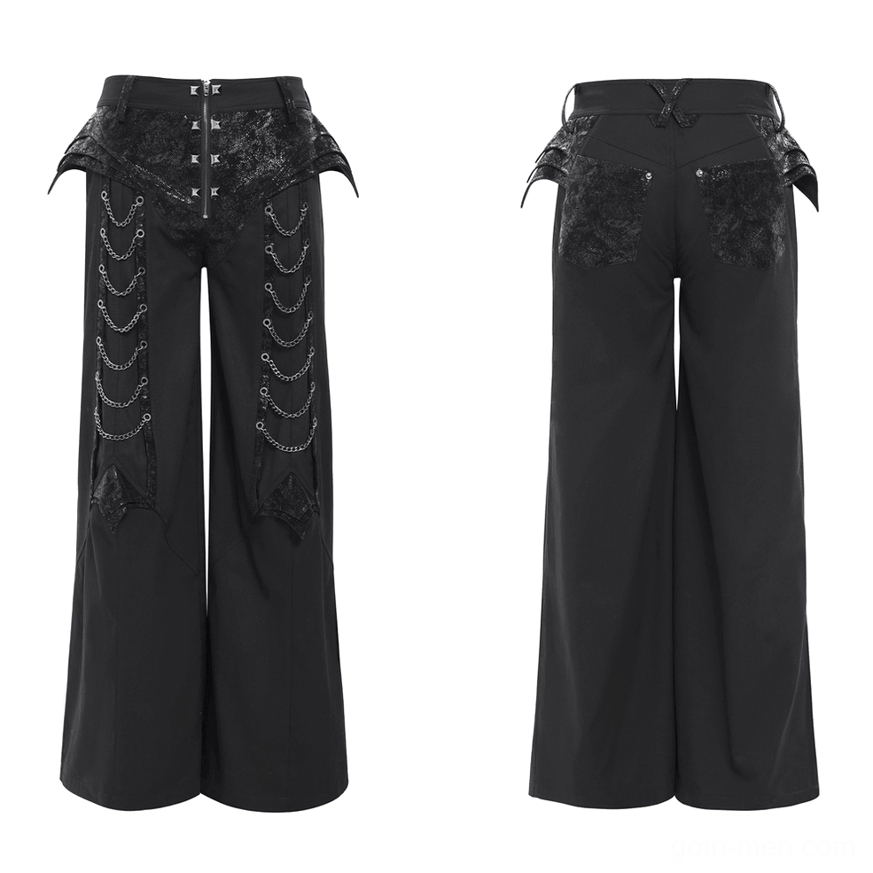 Black gothic tripp pants with zipper front and layered waist panel - front angle view