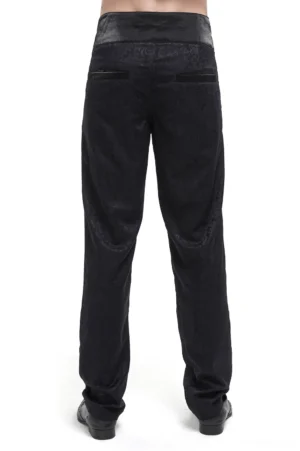 Black gothic high-waisted trousers rear view showcasing satin-trimmed back pockets and jacquard fabric
