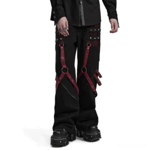 Black and wine red detachable strap mesh panel gothic wide leg trousers front three-quarter view on male model