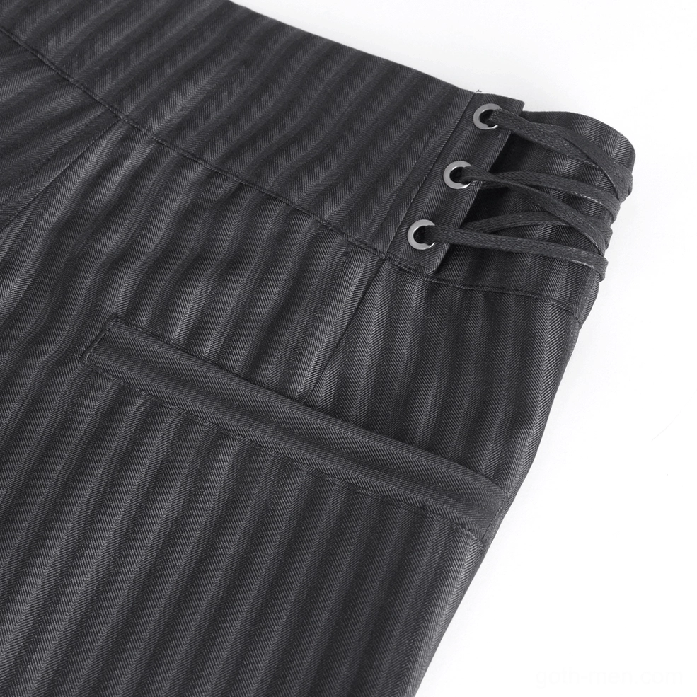 Fabric texture and weave detail of black grey pinstriped woven gothic trousers for formal alternative wear