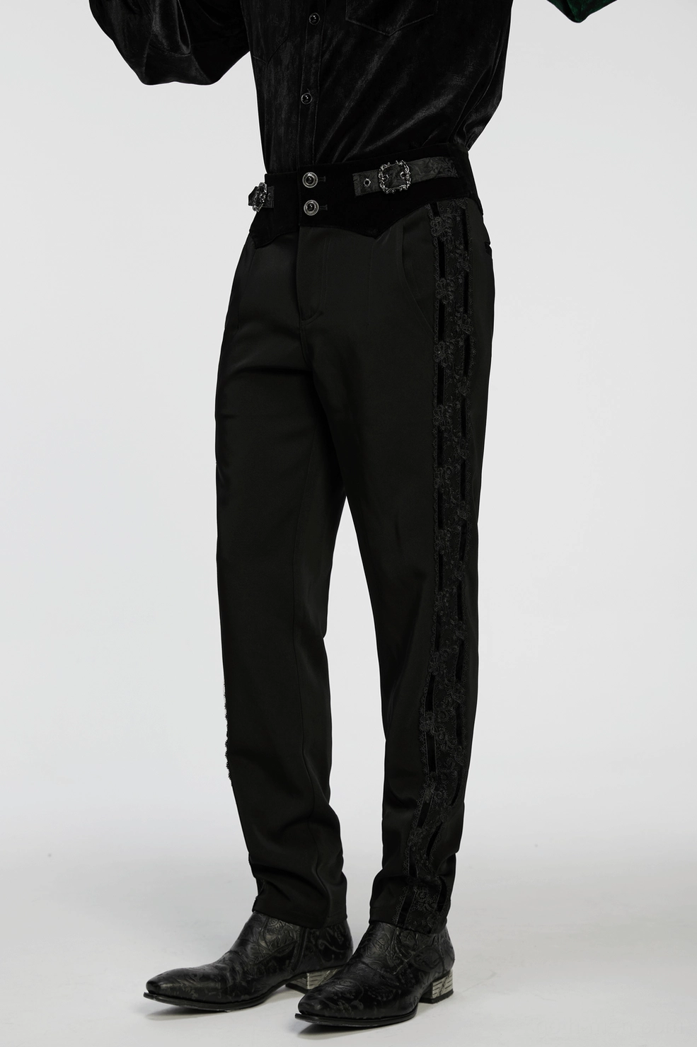Texture and fabric close-up of gothic velvet waist and lace embellishments