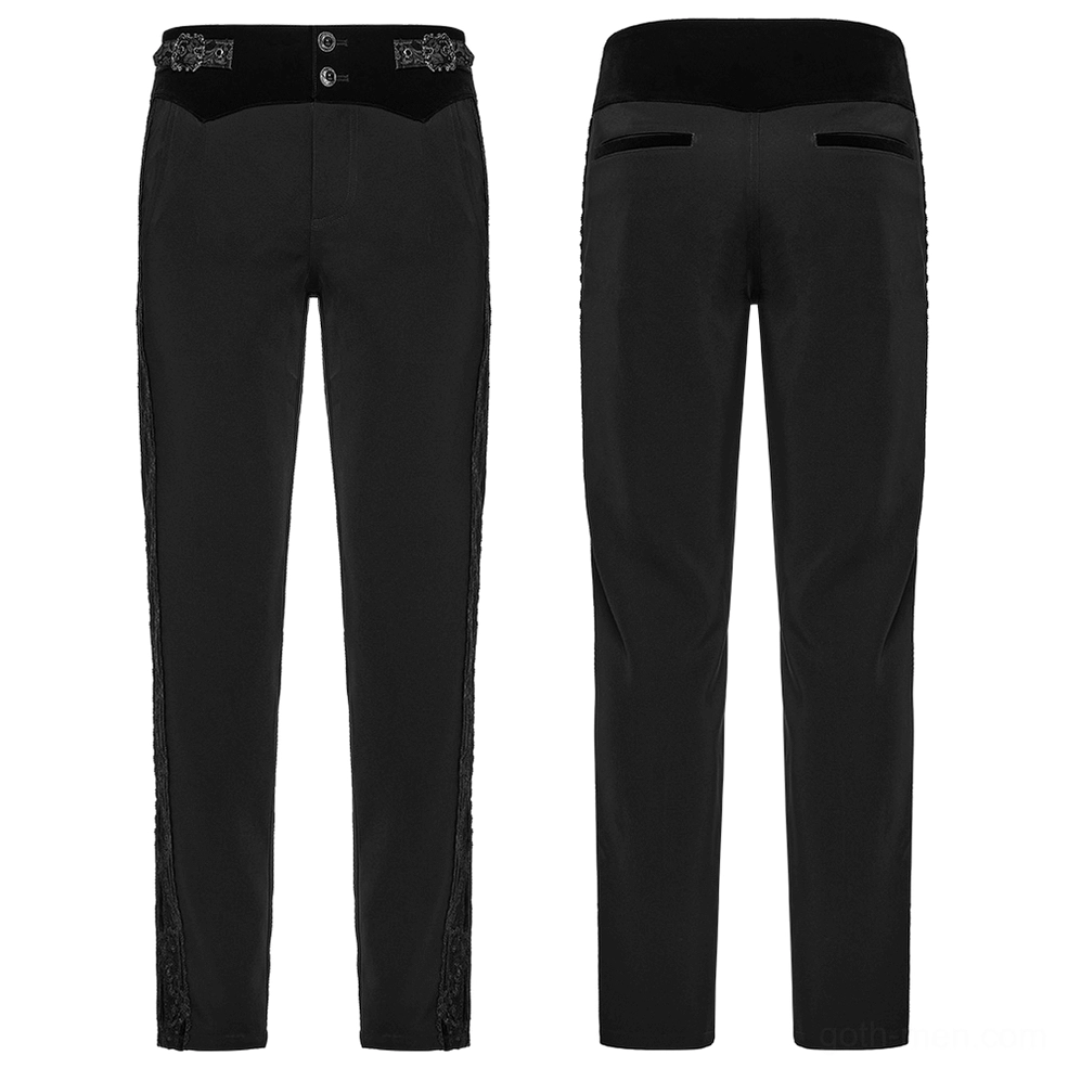 Flat lay display of gothic slim-fit trousers featuring velvet waistband and lace side details