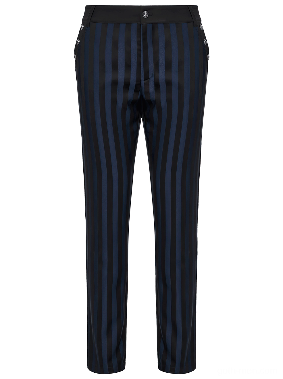 Black-blue gothic trousers front flat lay showing metal buckle embellishments and button closure