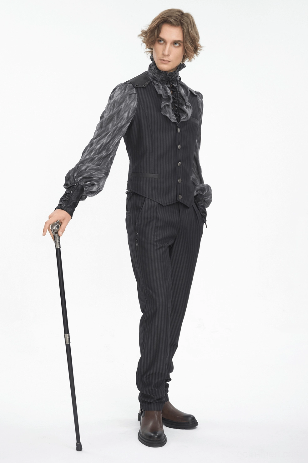 Inseam and leg opening measurement reference view of black pinstriped gothic slim-fit trousers