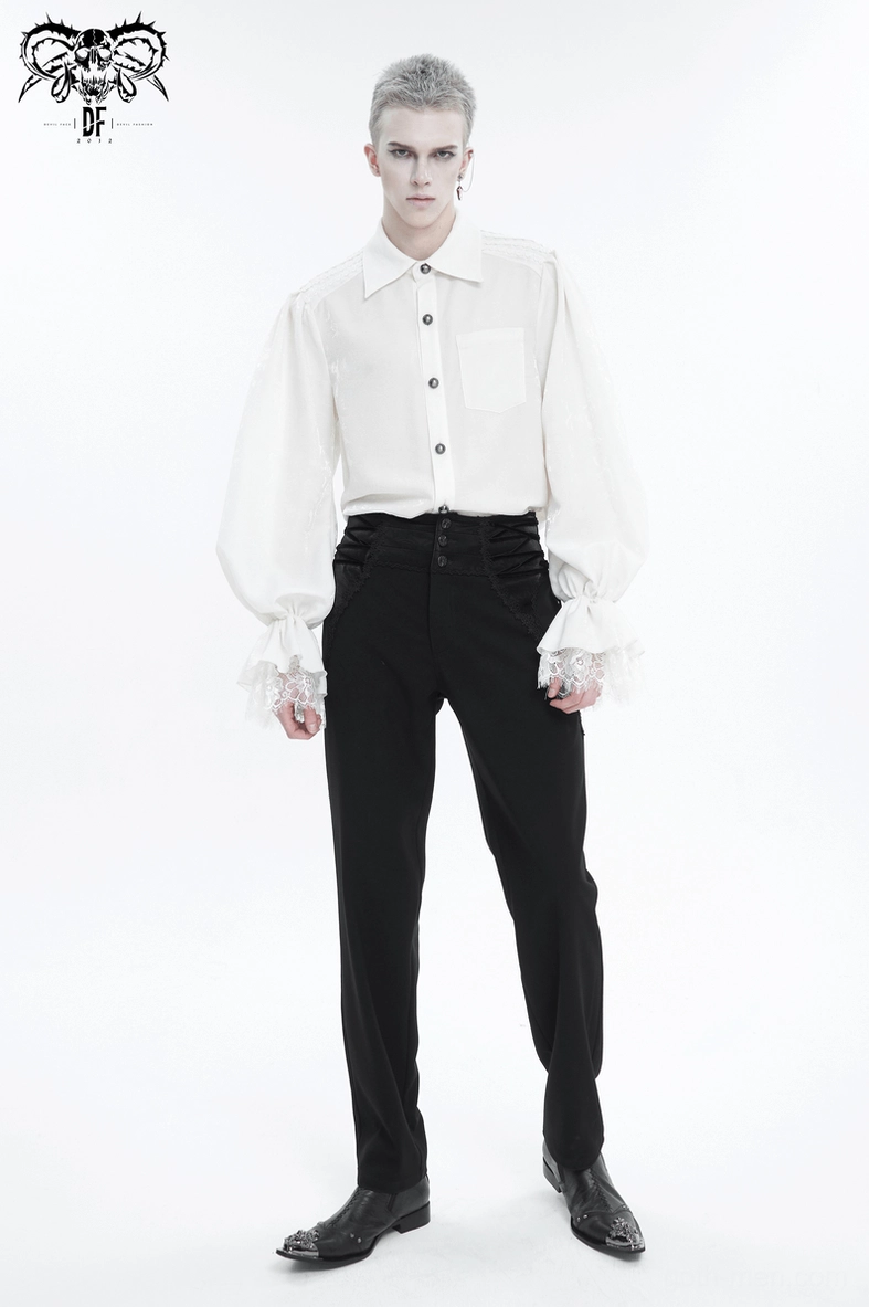 Gothic high-waisted slim-fit trousers showcasing embroidered lace trim and sophisticated black fabric composition