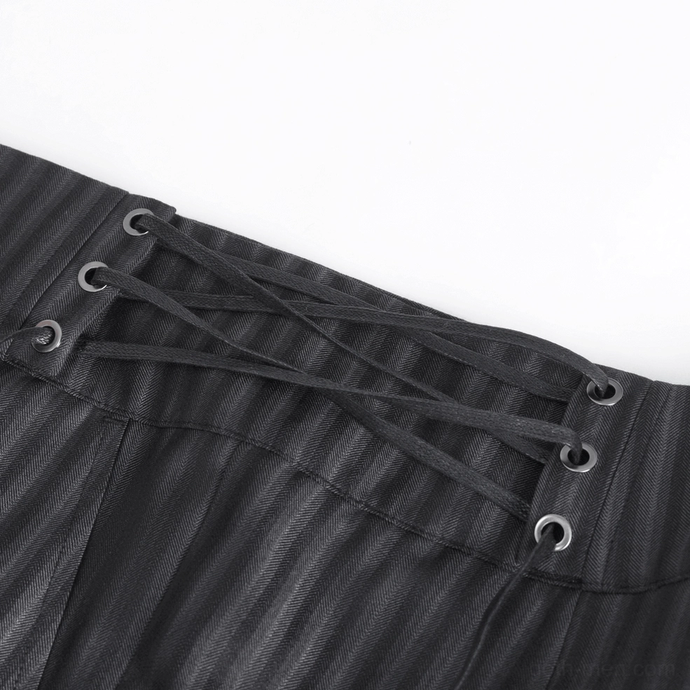 Close-up of metal eyelets and adjustable lace-up side detail on black pinstriped gothic slim-fit trousers