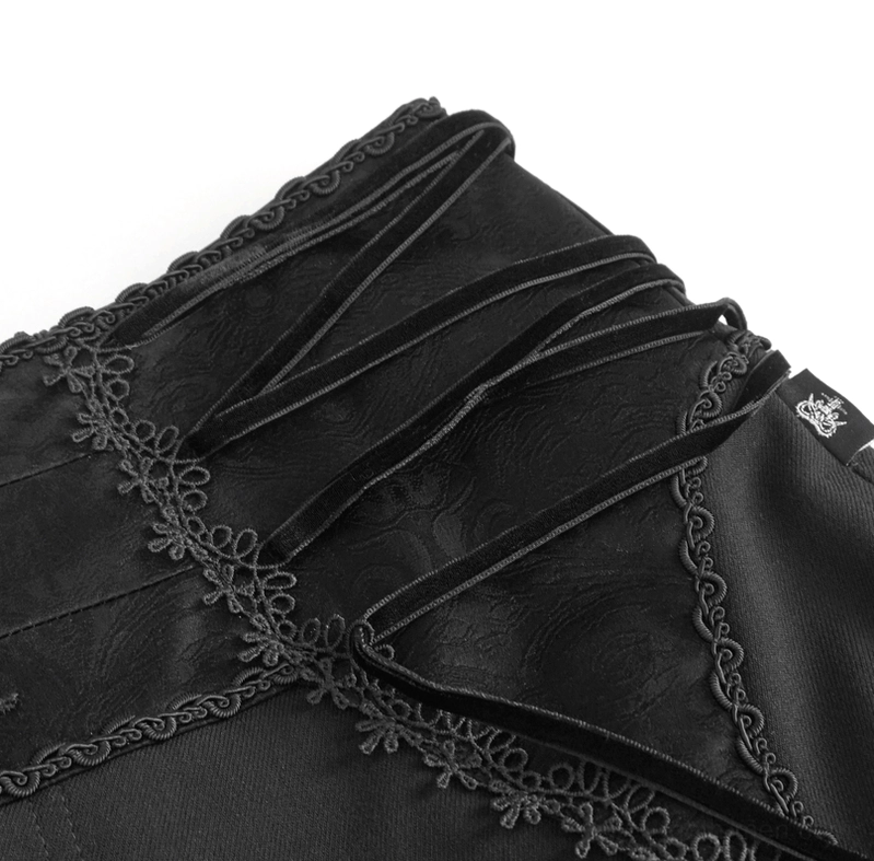 Close-up side view of gothic trousers lace-up waist showing velvet lace-up straps and jacquard fabric texture detail