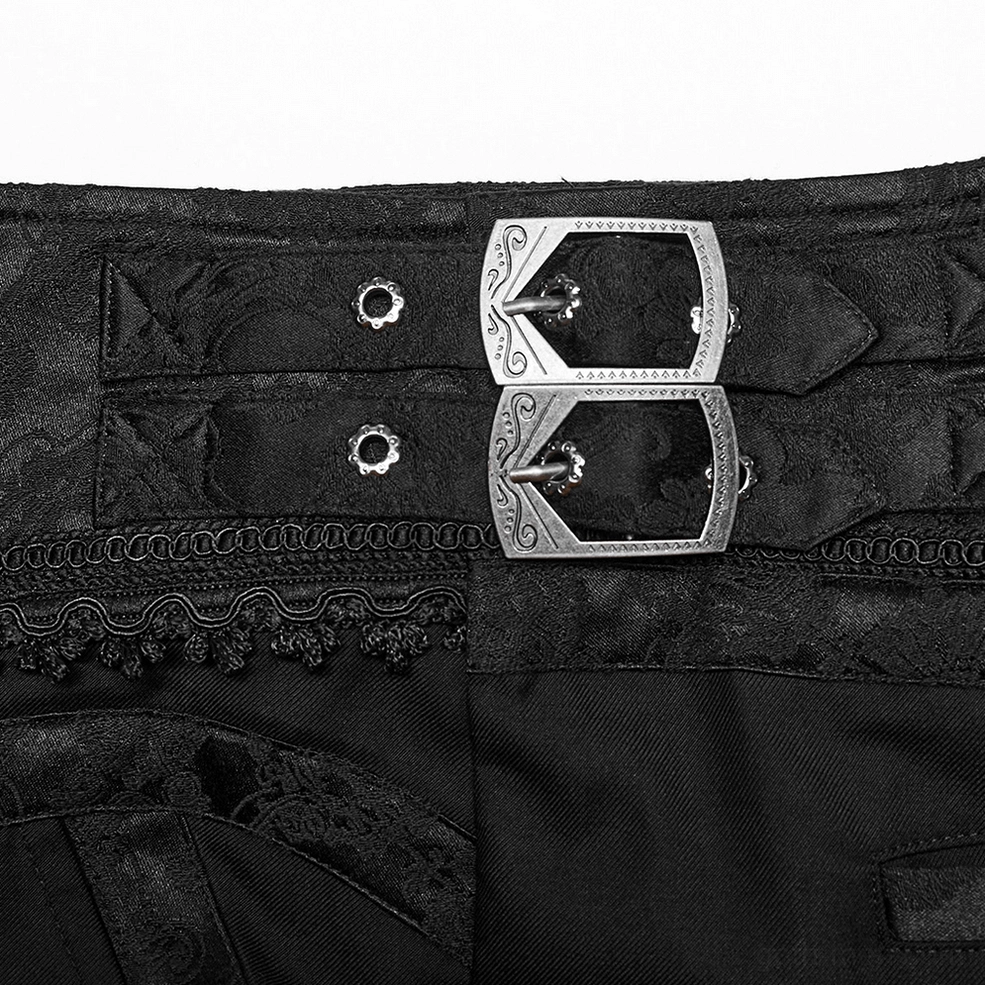 Gothic trousers waist buckle close-up detail, dual metal carved buckles with embroidered lace trim