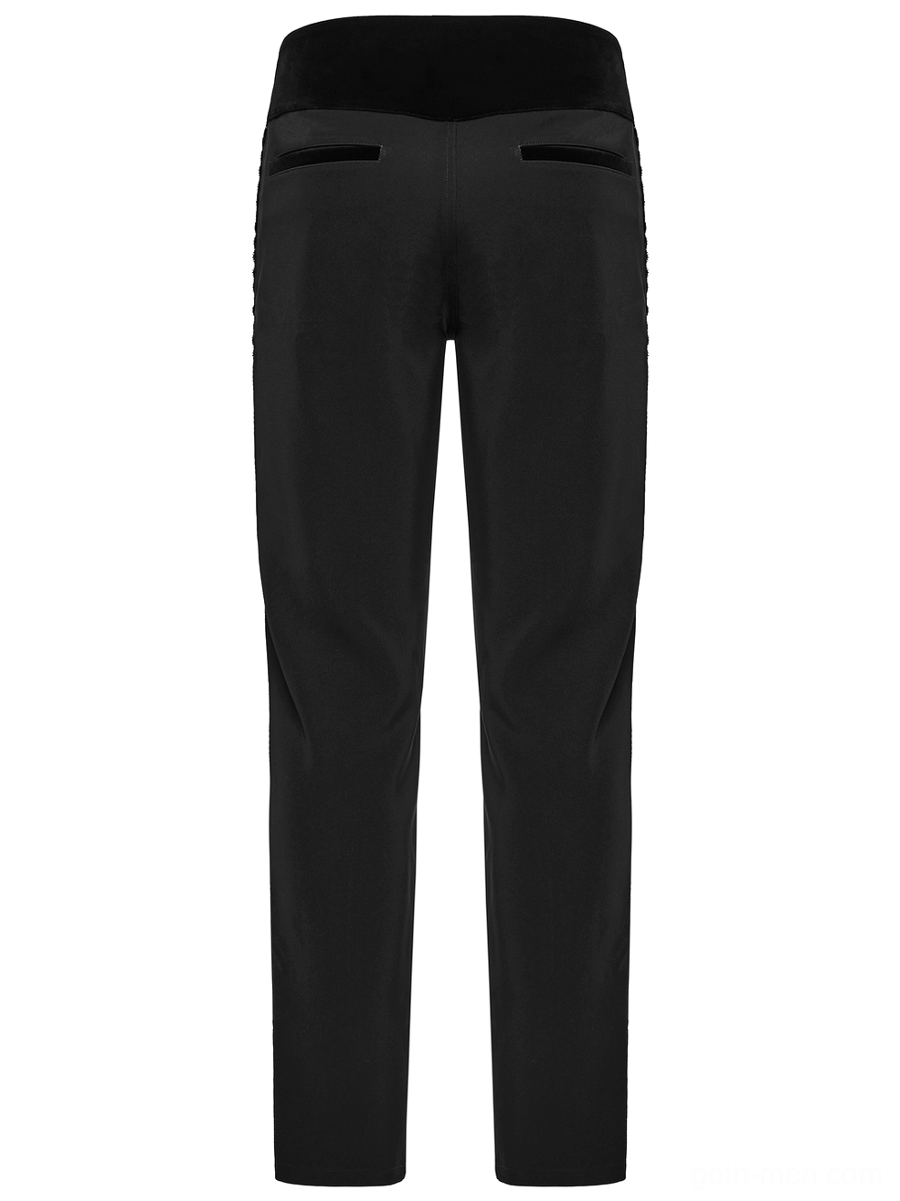 Rear flat lay of black gothic tailored trousers showing back pockets and velvet waist trim