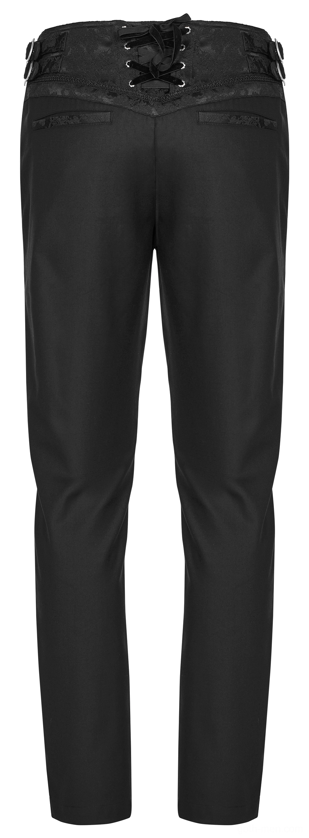 Gothic jacquard trousers rear flat lay detail, lace-up back waist adjustment system