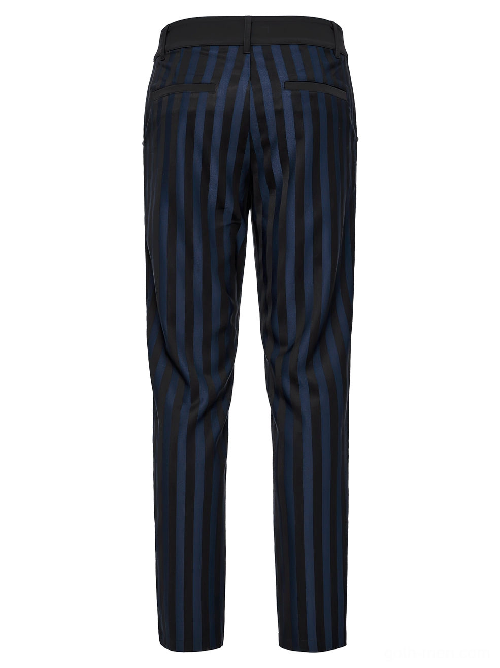 Black-blue vertical stripe gothic trousers rear flat lay showing structured tailored fit and welt pockets