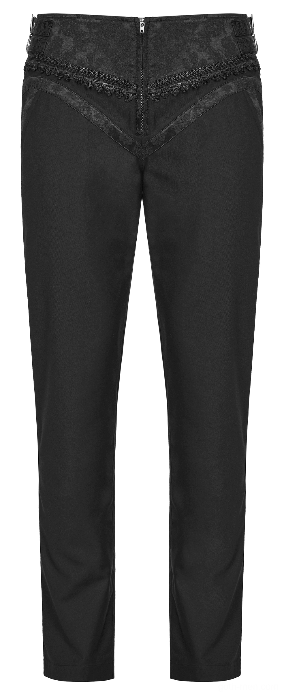 Gothic slim-fit trousers rear view flat lay, hidden zipper fly and jacquard waist panel