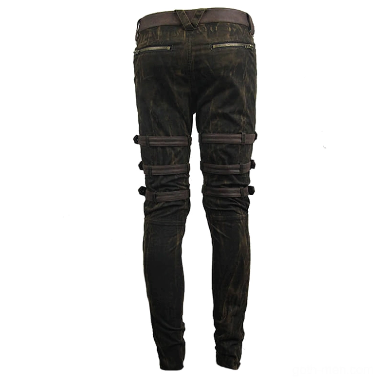 Gothic slim-fit trousers rear view on mannequin showing back zipper pockets and strap accents