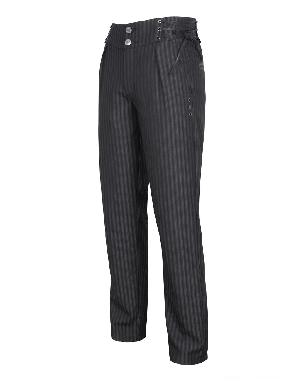 Side view flat lay of black pinstriped gothic trousers highlighting side lace-up closures and button accents