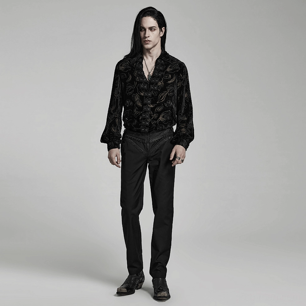 Gothic jacquard slim-fit trousers side lace decoration, alternative fashion mens pants styling