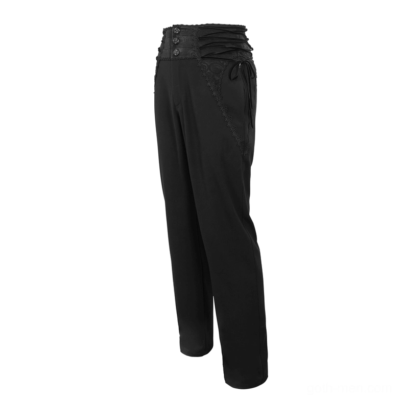 Black gothic high-waisted trousers side three-quarter flat display showing embroidered lace trim and tailored straight leg construction