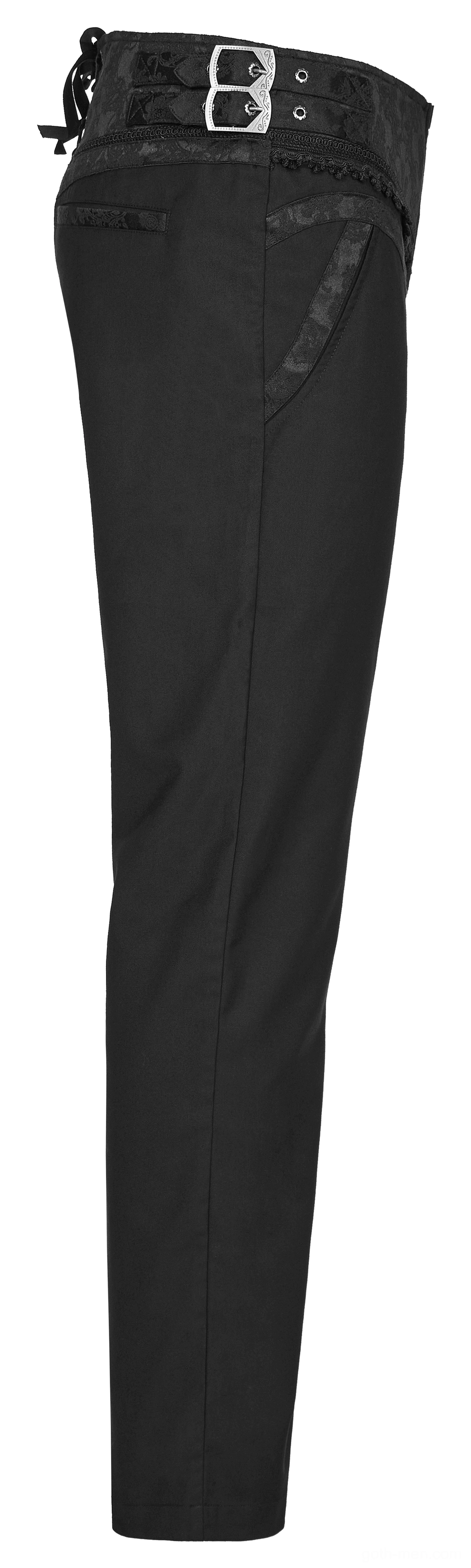 Gothic jacquard trousers side flat lay, metal buckle waist adjuster and slim leg silhouette