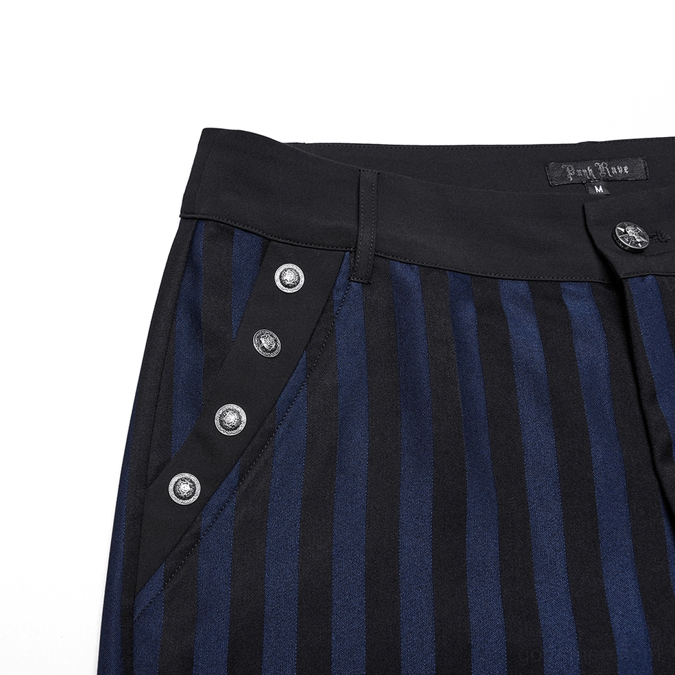 Close-up of black-blue gothic trousers side waist showing row of decorative metal buttons and striped fabric