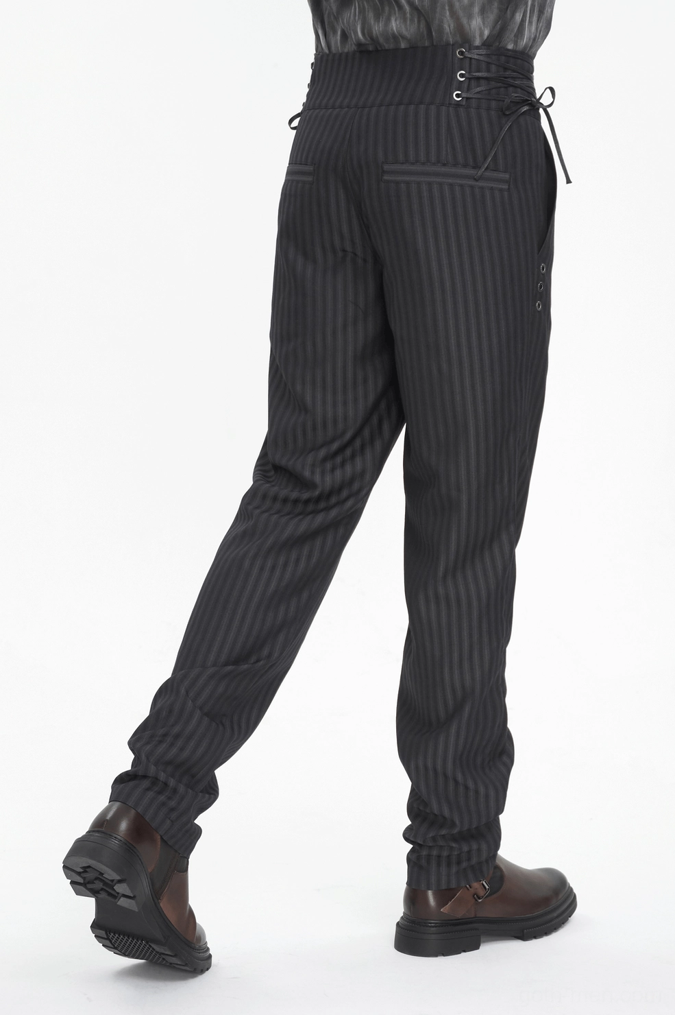 Lower body styling shot of black pinstriped gothic trousers demonstrating fit and practical wearability
