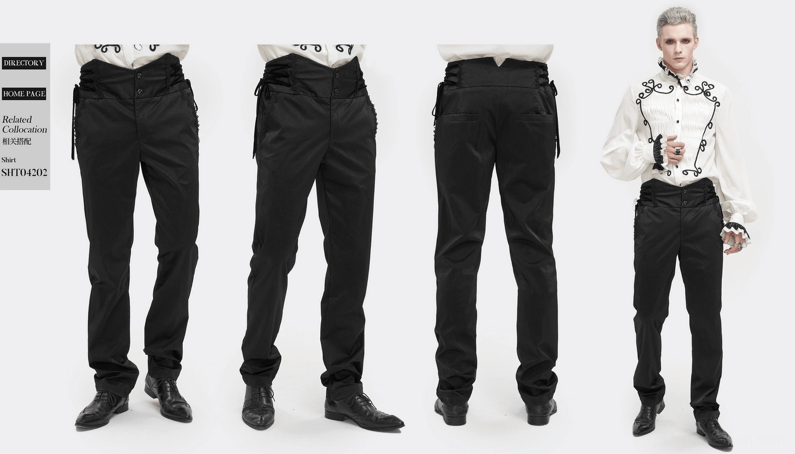 Thigh and hip area of gothic trousers showing fitted cut and side lace-up embellishment placement