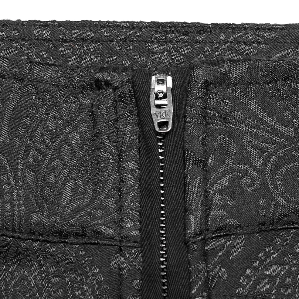 Gothic slim-fit trousers waistband embellishment featuring decorative hand-sewn buttons and jacquard texture