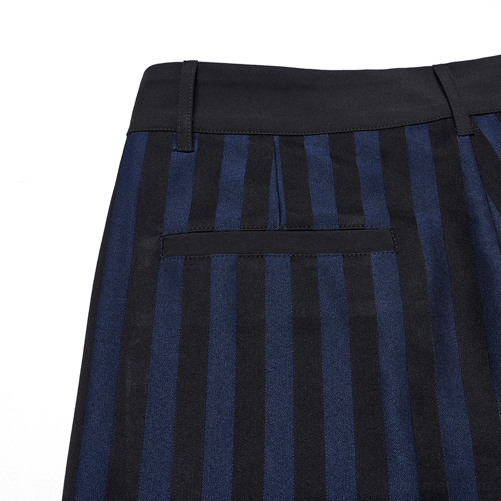 Close-up detail of black-blue gothic trousers waistband, rear pocket, and striped woven fabric texture