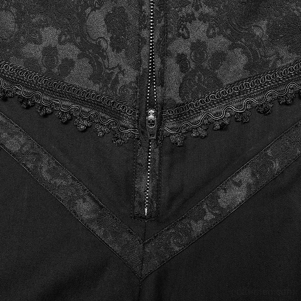 Gothic slim-fit trousers fly and waist close-up, zipper fly with decorative lace trim and floral jacquard