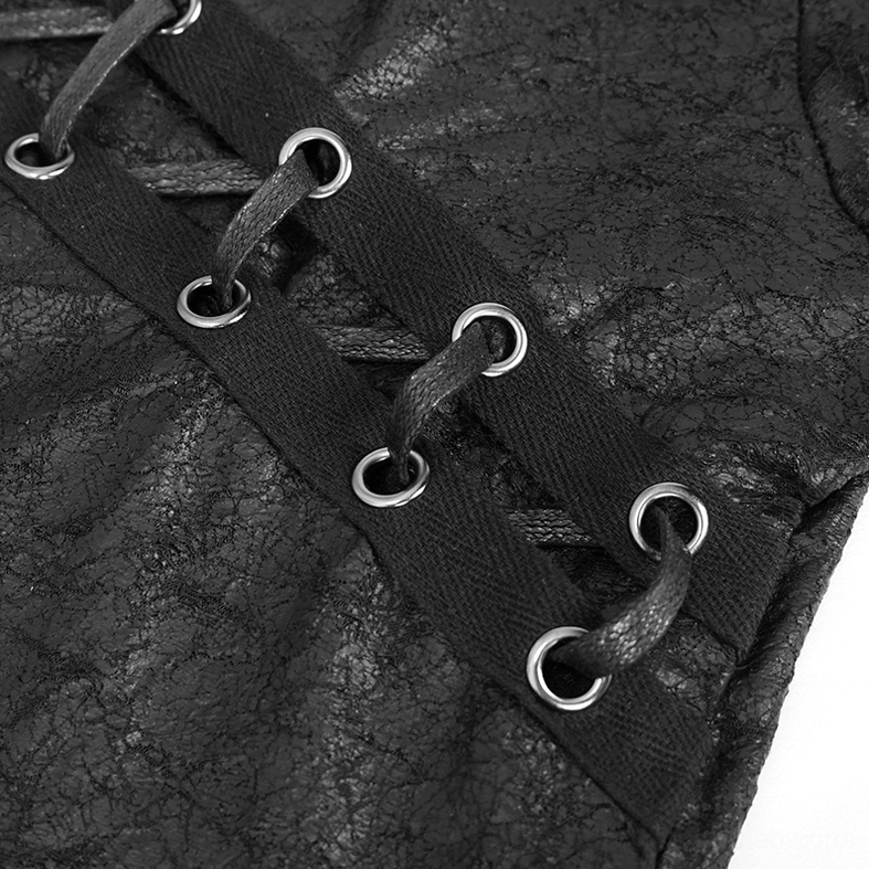 Close-up of chest strap and lace-up mechanism on gothic men's t-shirt showing metal grommets and woven material