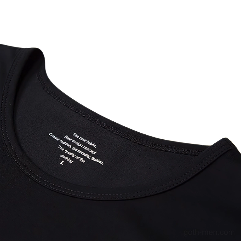 Crew neck collar detail of black gothic t-shirt, close-up of neckline and size label