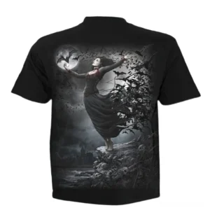 Back view of black gothic t-shirt featuring spectral feminine moon figure with bats dark fantasy artwork