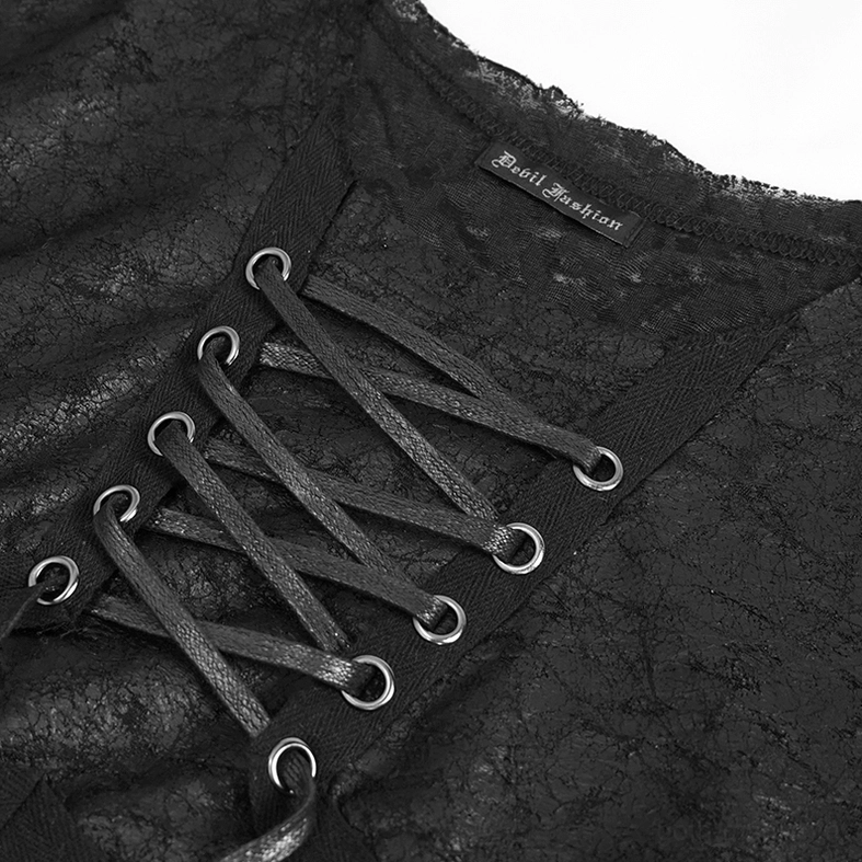 Close-up detail of gothic t-shirt neck lace-up closure showing metal eyelets, lace trim, and brand construction