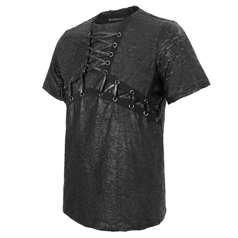 Side-front flat lay of gothic punk t-shirt showing slim fit cut, short sleeves, and chest lace-up closure detail
