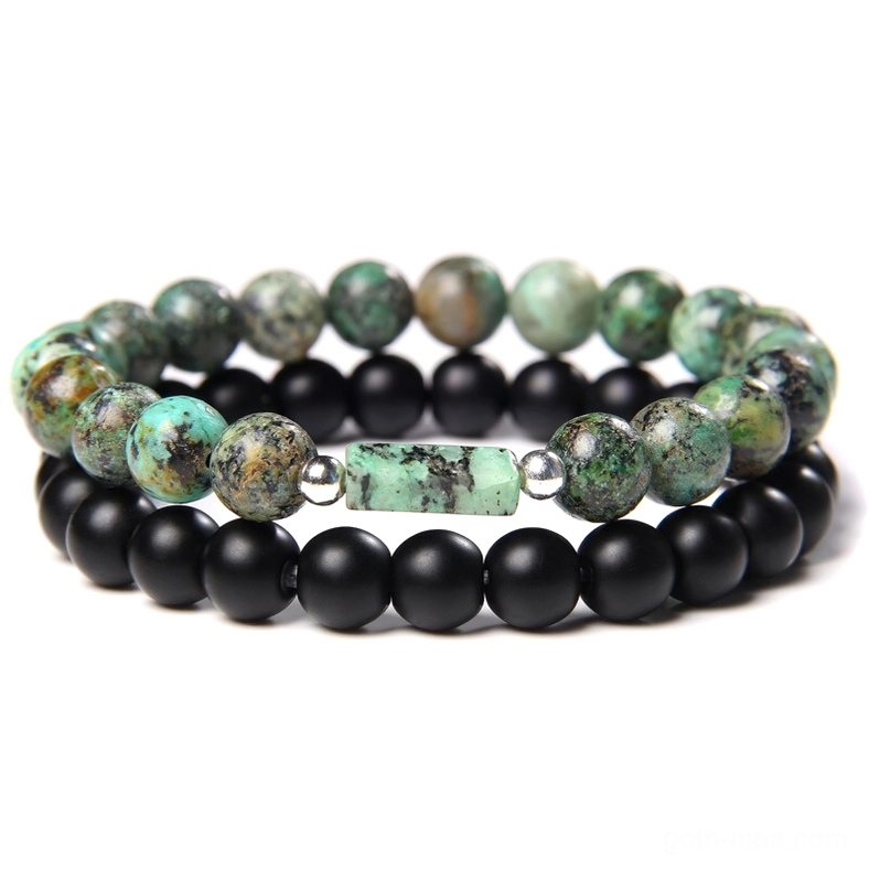 Green turquoise stone beads gothic bracelet with black onyx rectangle focal - natural stone double layer