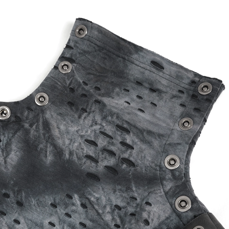 Close-up of gothic turtleneck collar detail, high neck snap button closure, perforated tie-dye texture