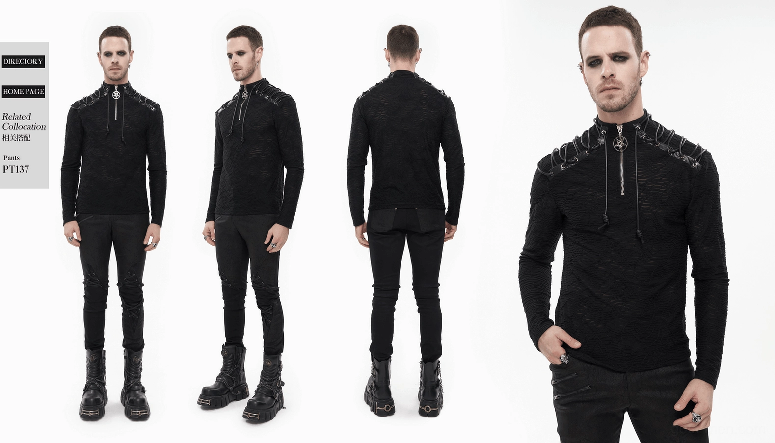 Gothic turtleneck sweatshirt overall aesthetic showing slim fit, wavy knit texture, and pentagram pendant zipper detail